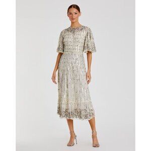 Mac Duggal Size 14 Nude Silver 5579 Flounce Sleeve Sequined Beaded Midi Dress